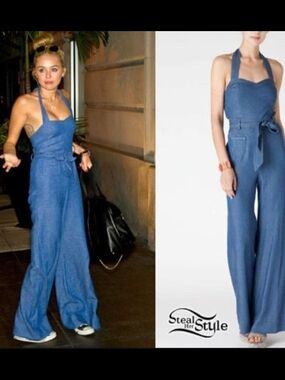 Y2K Linen Blend Denim Halter Jumpsuit Wide Leg Boho Coastal Cowgirl Miley Cyrus